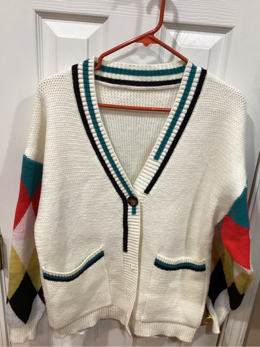 Cream V-Neck Cardigan Sweater with Colorblock Sleeves